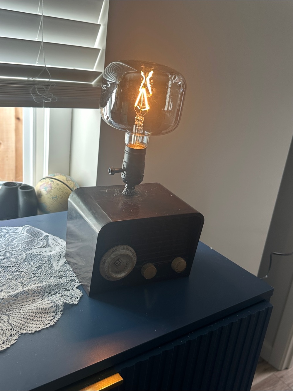 Vintage Upcycled Radio Light with Fancy Dark Bulb Modetn LED